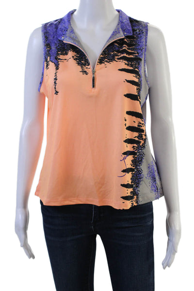Jamie Sadock Women Sleeveless Collared Polo Zip Graphic Print Black Size L