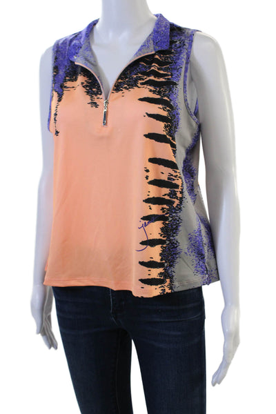 Jamie Sadock Women Sleeveless Collared Polo Zip Graphic Print Black Size L