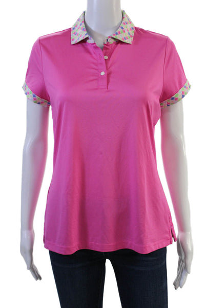Fairway & Greene Women Pink Geometric Collared Polo Short Sleeve Size M
