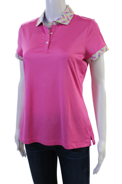 Fairway & Greene Women Pink Geometric Collared Polo Short Sleeve Size M