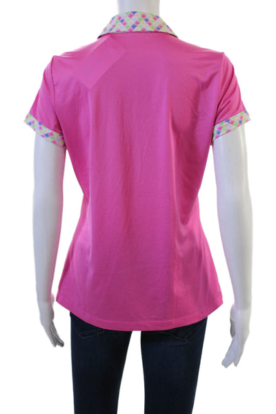 Fairway & Greene Women Pink Geometric Collared Polo Short Sleeve Size M