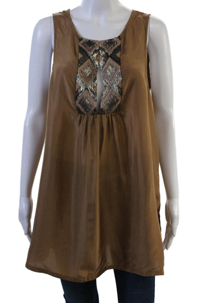 Calypso Saint Barth Women Sleeveless Silk Tunic Brown Aztec Argyle Size M