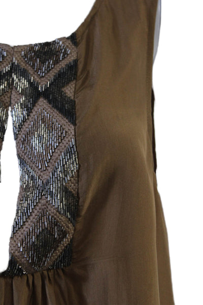 Calypso Saint Barth Women Sleeveless Silk Tunic Brown Aztec Argyle Size M