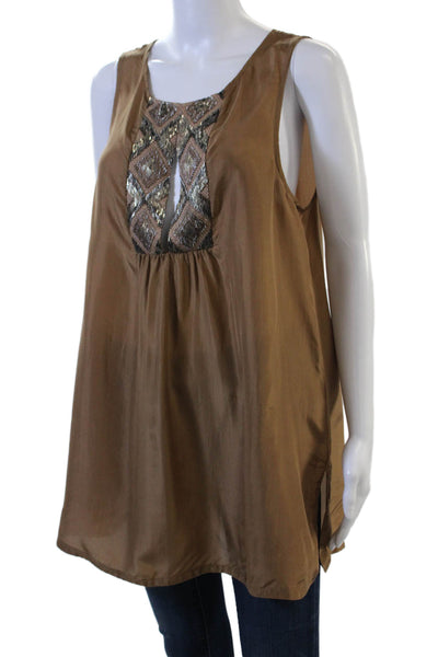 Calypso Saint Barth Women Sleeveless Silk Tunic Brown Aztec Argyle Size M