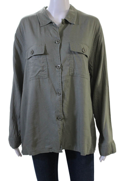 Rails Womens Collared Long Sleeve Button-Up Basic Top Green Rayon Linen Size L