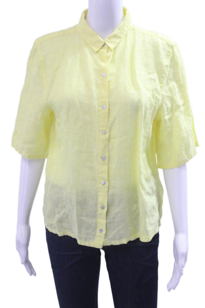 Tahari Womens Yellow Linen Short Sleeve Collared Button Up Blouse Petite Size S