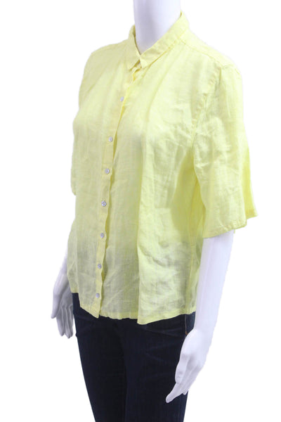 Tahari Womens Yellow Linen Short Sleeve Collared Button Up Blouse Petite Size S