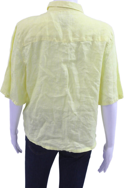 Tahari Womens Yellow Linen Short Sleeve Collared Button Up Blouse Petite Size S