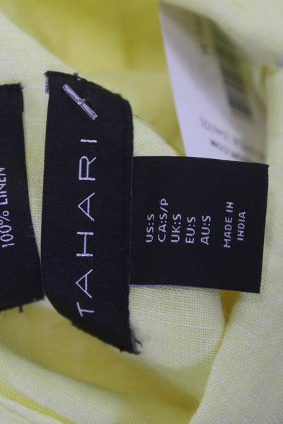 Tahari Womens Yellow Linen Short Sleeve Collared Button Up Blouse Petite Size S