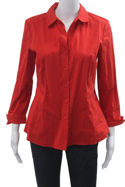 Lafayette 148 New York Women Red Collared Button Up Blouse 3/4 Sleeve Size 6