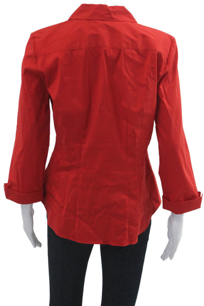Lafayette 148 New York Women Red Collared Button Up Blouse 3/4 Sleeve Size 6