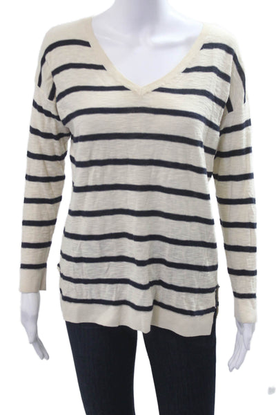 Vince Unisex Beige 100% Cashmere V Neck Striped Pullover Sweater Zip Size S