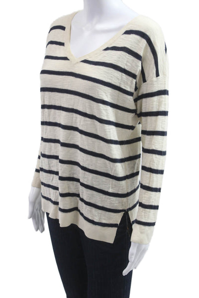 Vince Unisex Beige 100% Cashmere V Neck Striped Pullover Sweater Zip Size S