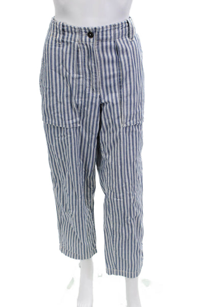 J Crew Unisex Cropped Cargo Striped Blue Cotton Button Pants Size 6