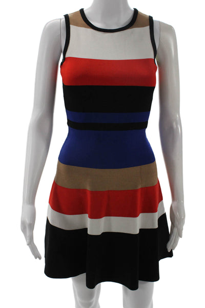 Karen Millen Women Fit & Flare Dress Beige Striped Round Neck Sleeveless Size XS