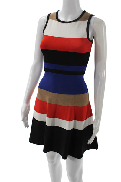 Karen Millen Women Fit & Flare Dress Beige Striped Round Neck Sleeveless Size XS