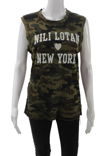 Nili Lotan Womens Basic Green Camo Cotton Crew Neck Sleeveless Tank Size L