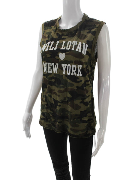 Nili Lotan Womens Basic Green Camo Cotton Crew Neck Sleeveless Tank Size L
