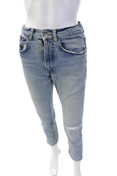Zara Women Light Blue Cropped Straight Jeans Mid-Rise 24in Size 26