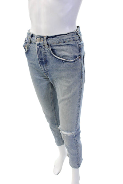 Zara Women Light Blue Cropped Straight Jeans Mid-Rise 24in Size 26