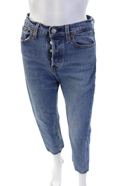 Levis Unisex Cropped Straight Jeans Blue Mid Rise Button Fly 25in Size 26