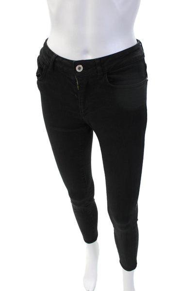 Zara Women Skinny Ankle Jeans Black Mid Rise Cotton Blend Button Size 24