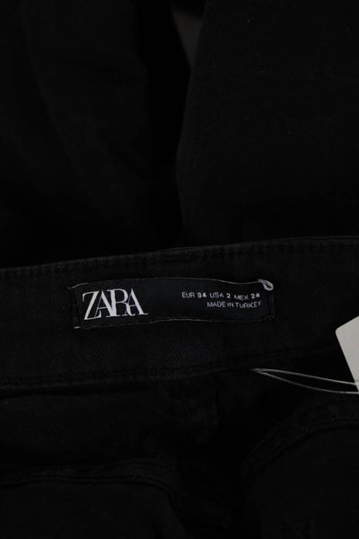 Zara Women Skinny Ankle Jeans Black Mid Rise Cotton Blend Button Size 24