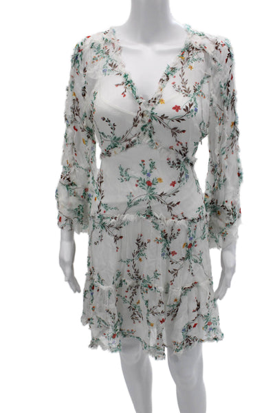 Kobi Halperin Womens White Floral V-Neck Midi Sundress Long Sleeve Size S