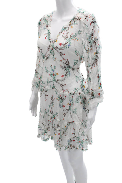 Kobi Halperin Womens White Floral V-Neck Midi Sundress Long Sleeve Size S