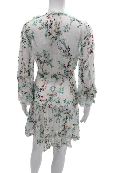 Kobi Halperin Womens White Floral V-Neck Midi Sundress Long Sleeve Size S
