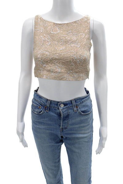 Rochas Women Cropped Silk Paisley Sleeveless Blouse Beige Round Neck Size S