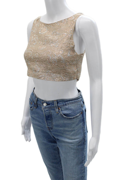 Rochas Women Cropped Silk Paisley Sleeveless Blouse Beige Round Neck Size S
