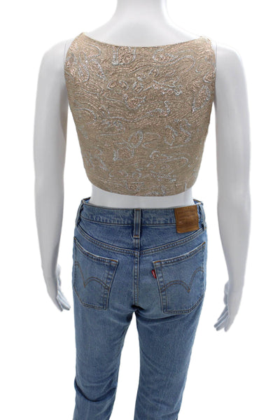 Rochas Women Cropped Silk Paisley Sleeveless Blouse Beige Round Neck Size S