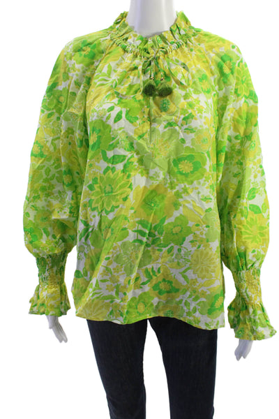 Figue Women Tunic Blouse Green Floral High Neck Long Sleeve Drawstring Size S