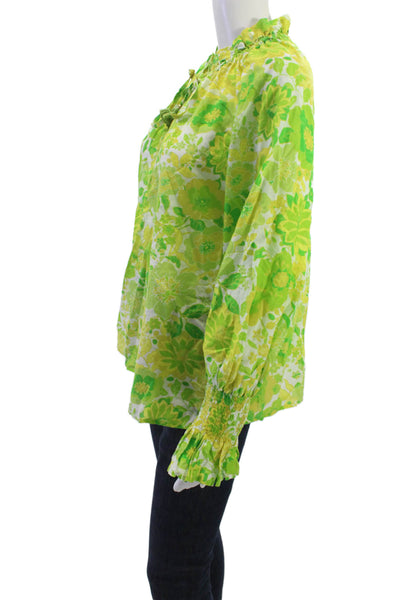 Figue Women Tunic Blouse Green Floral High Neck Long Sleeve Drawstring Size S