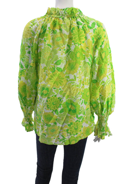 Figue Women Tunic Blouse Green Floral High Neck Long Sleeve Drawstring Size S