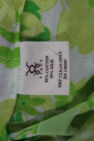 Figue Women Tunic Blouse Green Floral High Neck Long Sleeve Drawstring Size S