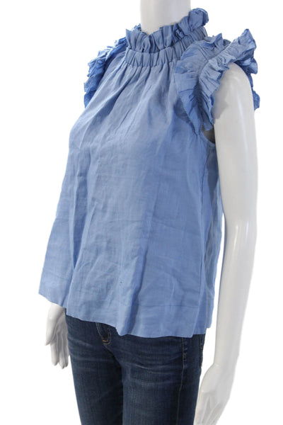 Sea New York Women Blue Ramie High Neck Sleeveless Button Up Blouse Size XS