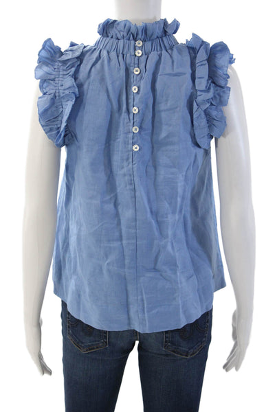 Sea New York Women Blue Ramie High Neck Sleeveless Button Up Blouse Size XS