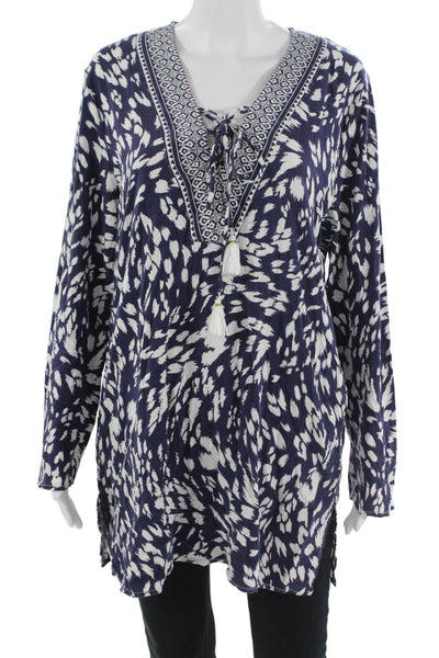La Blanca Womens Bohemian V Neck Tunic Dark Blue Drawstring Long Sleeve Size M