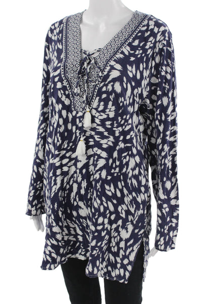 La Blanca Womens Bohemian V Neck Tunic Dark Blue Drawstring Long Sleeve Size M