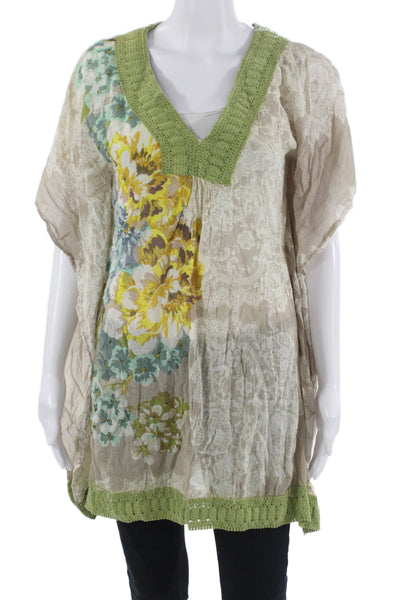 Z&L Europe Women Beige Floral V-Neck Short Sleeve Tunic 100% Cotton Size S