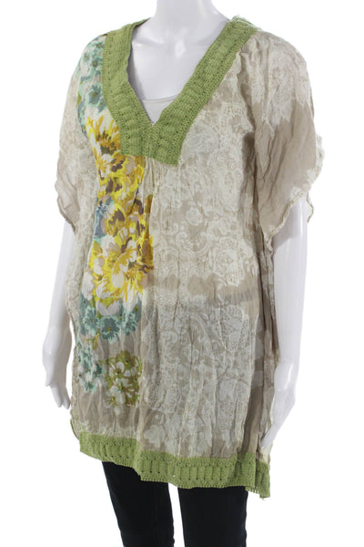 Z&L Europe Women Beige Floral V-Neck Short Sleeve Tunic 100% Cotton Size S