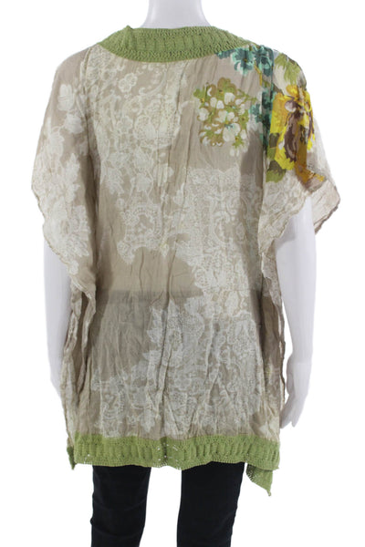 Z&L Europe Women Beige Floral V-Neck Short Sleeve Tunic 100% Cotton Size S