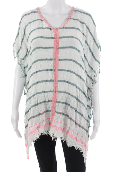 Z&L Europe Women Bohemian Striped Round Neck Short Sleeve Tunic White Size S
