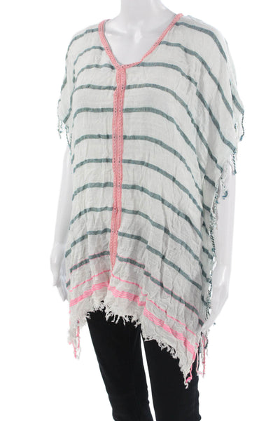 Z&L Europe Women Bohemian Striped Round Neck Short Sleeve Tunic White Size S
