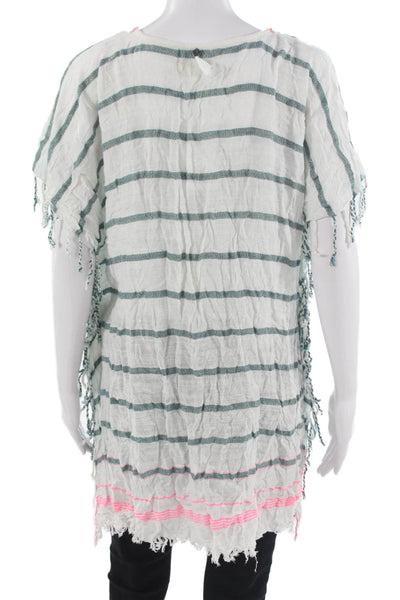 Z&L Europe Women Bohemian Striped Round Neck Short Sleeve Tunic White Size S