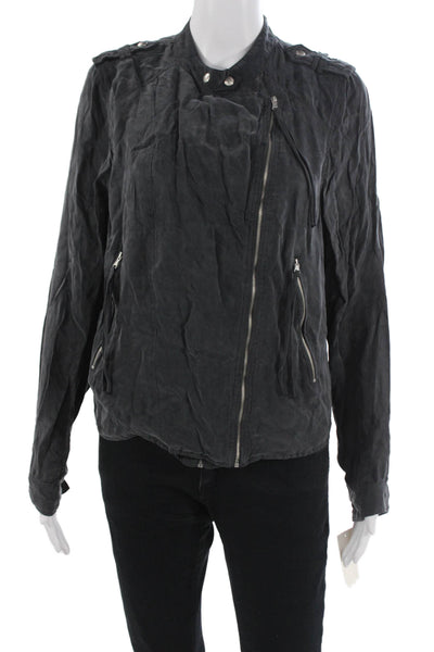 BLANKNYC Womens Dark Gray Biker Jacket High Neck Button 100% Nylon Size M