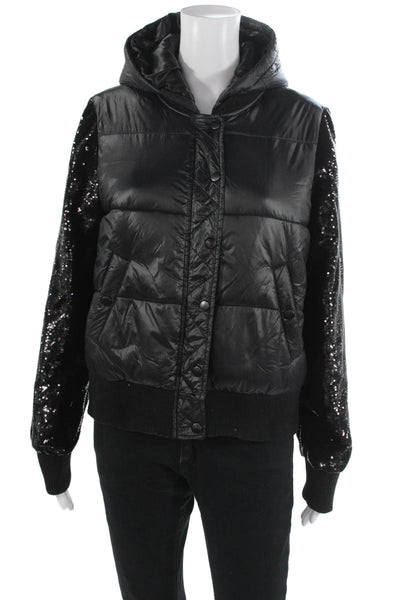Generation Love Womens Quilted Puffer Bomber Jacket Black Nylon Button Size M