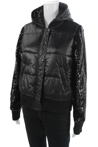 Generation Love Womens Quilted Puffer Bomber Jacket Black Nylon Button Size M